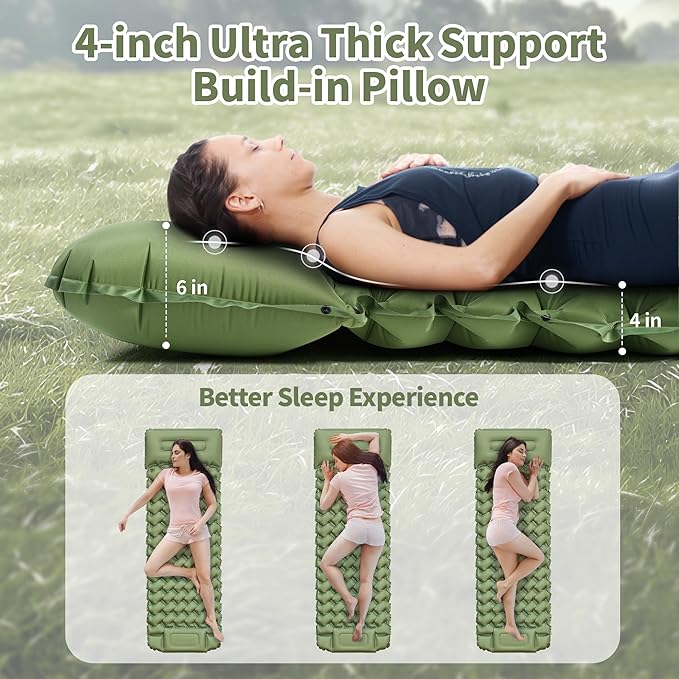 Sleeping Pad for Camping - 4” Thick Inflatable Camping Mat with Built-in Pump & Pillow, Ultralight Self Inflating Camping pad, Backpacking Sleeping Mat for Hiking, Tent, Traveling