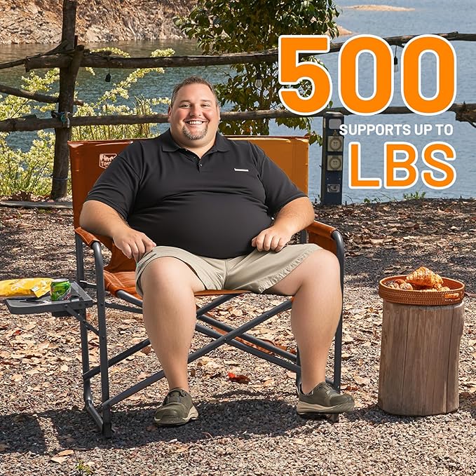Timber Ridge XXL Director’s Chair – Heavy Duty Folding Chair with Side Table, 500 lb Capacity, Extra Wide Padded Seat for Camping, Sports, Beach, Patio, and Outdoor Use, Orange