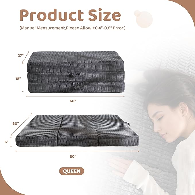 BYBYME Memory Foam Tri-Folding Mattress, 6 Inch Gel Folding Mattress Topper, Foldable Soft Guest Bed Camping Pad, with Washable Cover