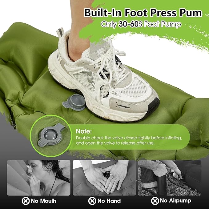 Inflatable Camping Sleeping Pad with Built-in Foot Pump & Pillow - Portable Lightweight Air Mattress for Backpacking, Hiking, Tent - Compact Travel Sleep Mat (Green)