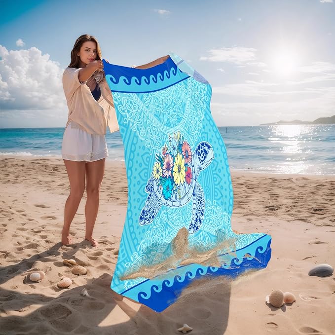 Beach Blanket Waterproof Sandproof, Turtle Flowers Oversized Extra Large Picnic Mat 83"×95"/8 × 7 FT for 1-7 Adults for Travel Camping Hiking, Quick Drying Lightweight Beach Vacation Essentials