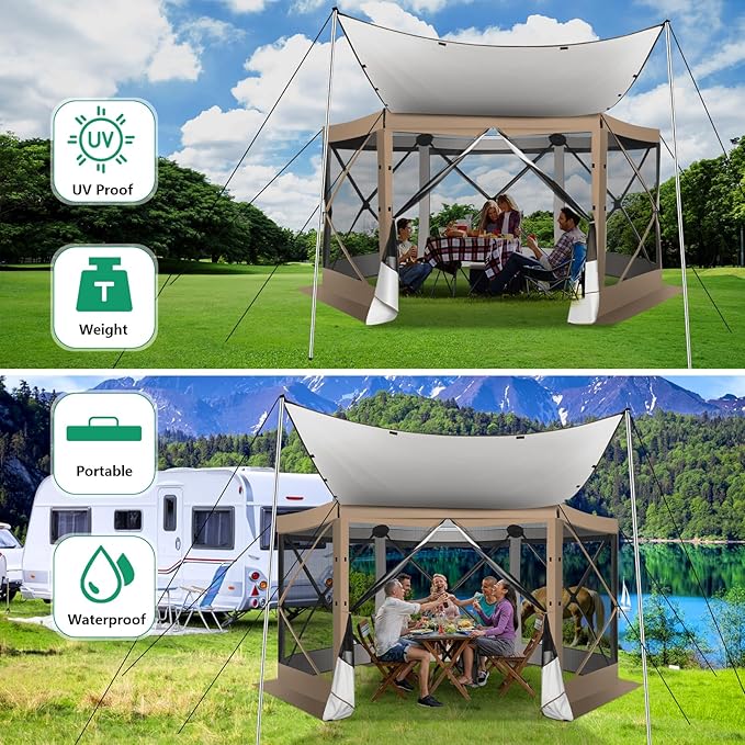 COBIZI 12x12FT Pop Up Gazebo Screen Tent Screen House for Camping, Camping Outdoor Screened Gazebo with Sidewalls, Hub Tent Instant Screened Canopy with Carrying Bag and Ground Stakes, khaki(Upgraded)