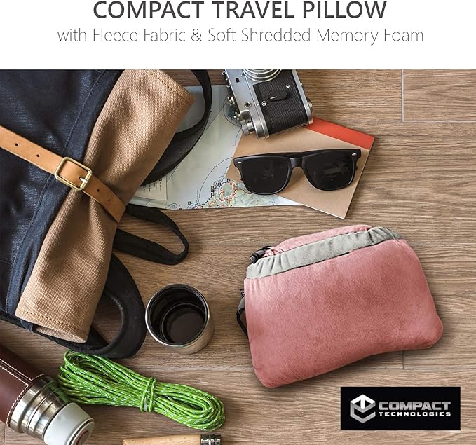 Compact Travel Pillow Made with Shredded Memory Foam and Super Soft Fleece Fabric for Ultimate Comfort in Travel. Patented Design Rolls and Compacts Small for Travel. (Pink)