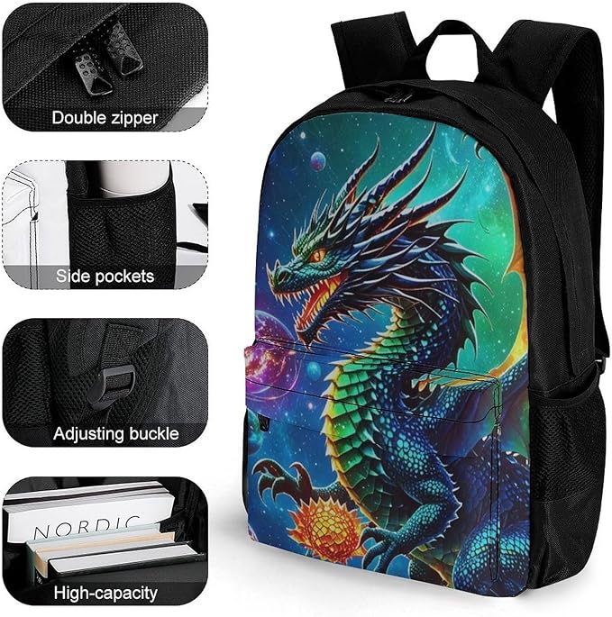 Supdreamc Rucksack Polyester Anti-Theft Multipurpose Cool Dragon With Fire Ball Art Bookbag Big Capacity Travel and Sport Backpack Rucksack With Side Pockets