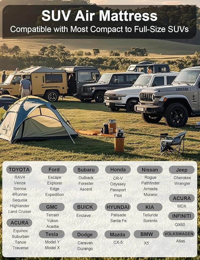 Umbrauto SUV Air Mattress for Back Trunk Folded Backseat, Inflatable Car Camping Bed for Sleeping Travel, Flocked Surface Reinforced Bottom Fits Mid-to-Full Size SUVs with Pump, Pillows, Carry Bag