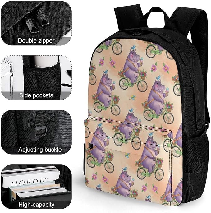 Adults Lightweight Hippo Hippopotamus On Bike Shoulder Book Bags Big Capacity Shoulder Bag With Adjustable Shoulder Straps for Trekking Work Walking Cycling