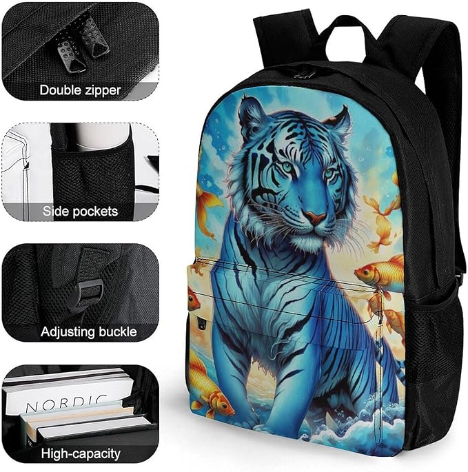 Backpack Anti-Theft Multipurpose Large Capacity Carry On Bag, Trippy Tiger Goldfish Camping Outdoor Backpack With Side Pockets