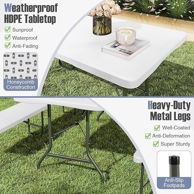 Folding Table, HDPE Portable Table with 8 ft Long Tabletop, Metal Frame Picnic Camping Table with Safe Lock, Collapsible Dining Table for Camping, Picnic, Party (White, 8 FT)