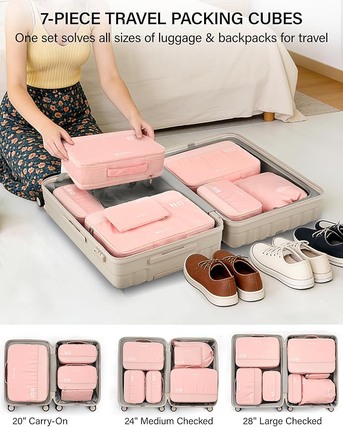 Hanke 7 Piece Expandable Compression Packing Cubes, Premium Travel Packing Organizers for Suitcases/Carry On, Luggage Organizer Bags with Breathable Mesh & Label,Pink