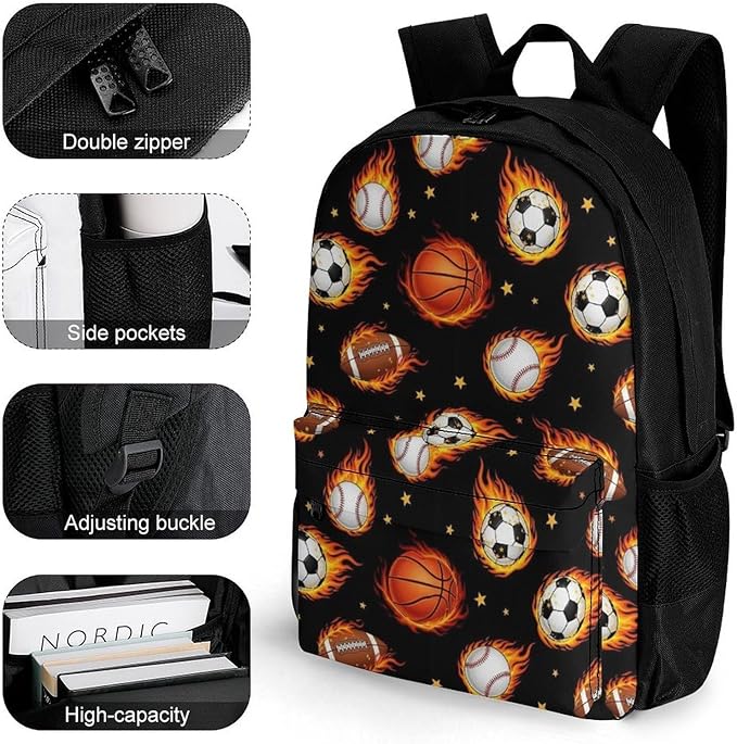 Supdreamc Men Women Polyester Fire Ball Soccer Basketball Baseball Football Sport Daypack Big Capacity Shoulder Bag With Smooth Zippers for Hiking Work Walking Cycling