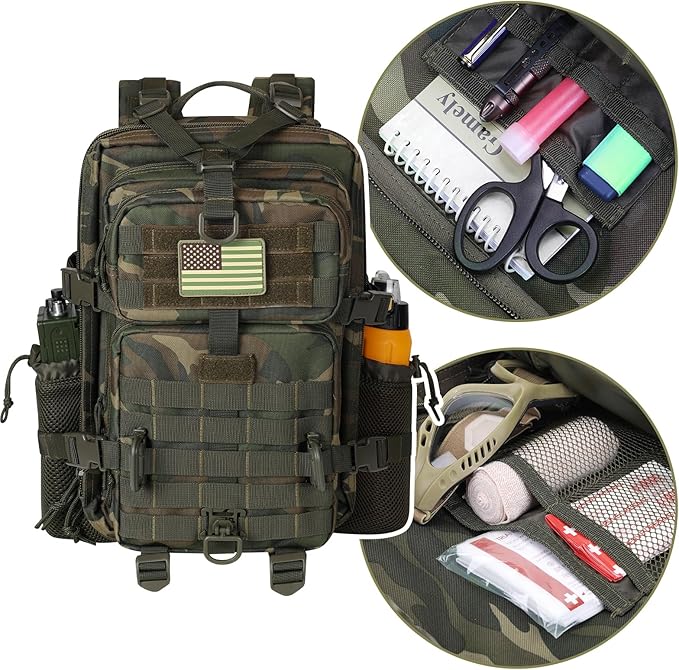 30L MOLLE Assault Pack, Tactical Backpack Military Army Camping Rucksack with Bottle Holder, 3-Day Pack, US Woodland