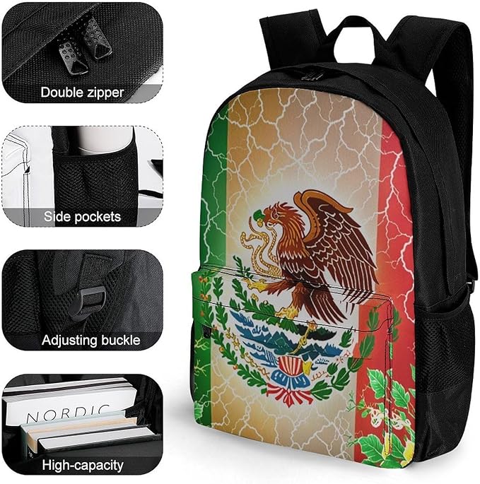 Lightweight Rucksack for Sports Travel Running, Big Capacity Multipurpose Anti-Theft Bookbag, Mexican Flag Lighting Art Travel and Sport Backpack Rucksack