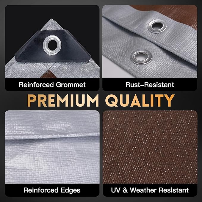 Tarp 16x20 ft Heavy Duty 10mil Silver/Brown 100% Waterproof High Durability Multipurpose Outdoor Tarpaulin,Uv Resistant,for Courtyards,Camping, Canopy, Trailer, Boats, Camping, Etc -by MVPNET