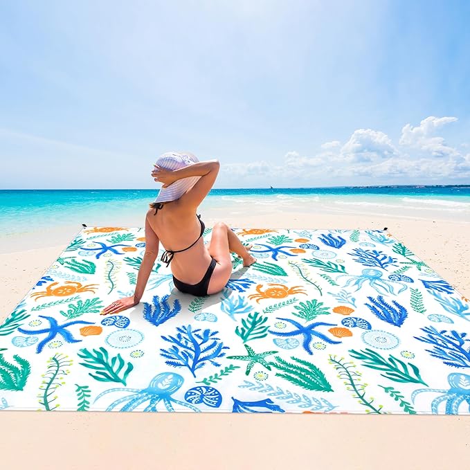 Beach Blanket, Waterproof Sandproof Beach Mat with 4 Stakes & 4 Pockets, 78''×86'' Large Compact Lightweight Sand Free Outdoor Essentials for Beach, Picnic, Travel, Camping