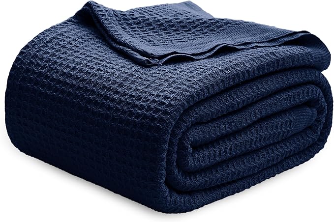 Bedsure Gentlesoft 100% Cotton Blanket King Size for Bed - Breathable and Soft, Waffle Weave Blanket for Summer, Thick Cozy Fall Blankets for Women Gift, Pageant Blue, 104x90 inches