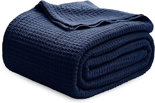 Bedsure Gentlesoft 100% Cotton Blanket King Size for Bed - Breathable and Soft, Waffle Weave Blanket for Summer, Thick Cozy Fall Blankets for Women Gift, Pageant Blue, 104x90 inches