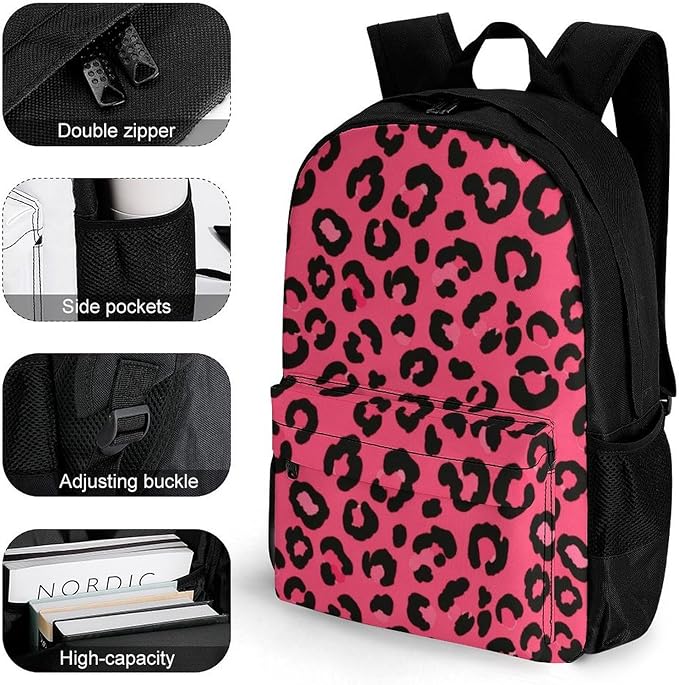 Backpack Anti-Theft Multipurpose Large Capacity Carry On Bag, Pink Cheetah Leopard Print Camping Outdoor Backpack With Side Pockets
