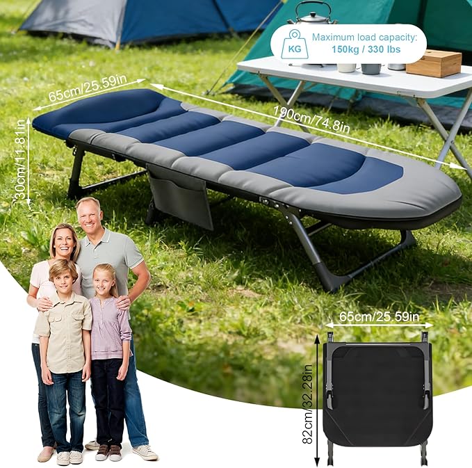Folding Camping Cot, Six-Position Adjustable Backrest, Camping Cot for Adults Comfortable with Pillow and Side Pockets, Supports 330lb, for Home Office Nap Beach Travel Hiking. (Blue)