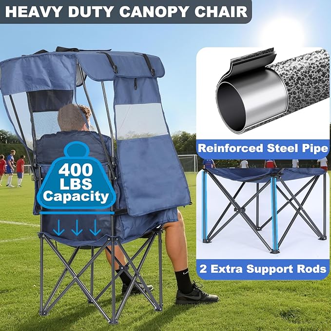2 Pack Camping Chair with Canopy Oversized Beach Chair with Canopy Shade Folding Canopy Chair for Camping, Beach, Fishing, Sports - High Back, Padded Headrest, Cup Holder, Pocket - Support 400 LBS