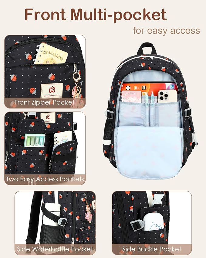Laptop School Backpack for Teen Girls Women 15.6 Inch Cute College Backpacks Large Elementary Middle High School Bag Kids Student Strawberry Bookbag Anti Theft Travel Casual Daypack (Black-Strawberry)
