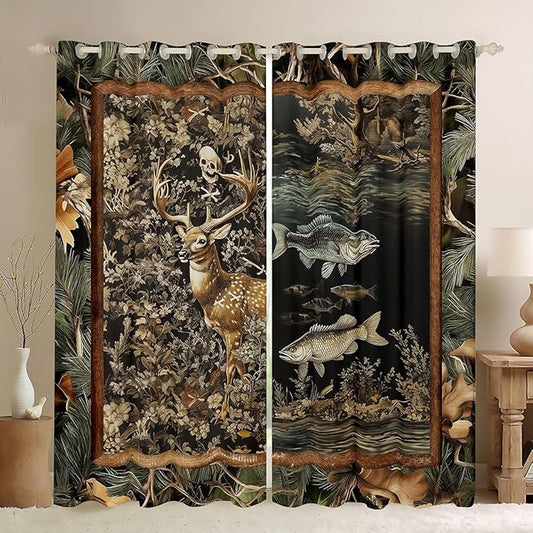Manfei Camo Deer Wildlife Blackout Curtains,Fishing Rustic Adventure Flowers Leaf Window Drapes,Camo Dead Branch Animal Farmhouse Nursery Bedroom Playroom Decor,Army Green 2 Panels,42Wx84L inch