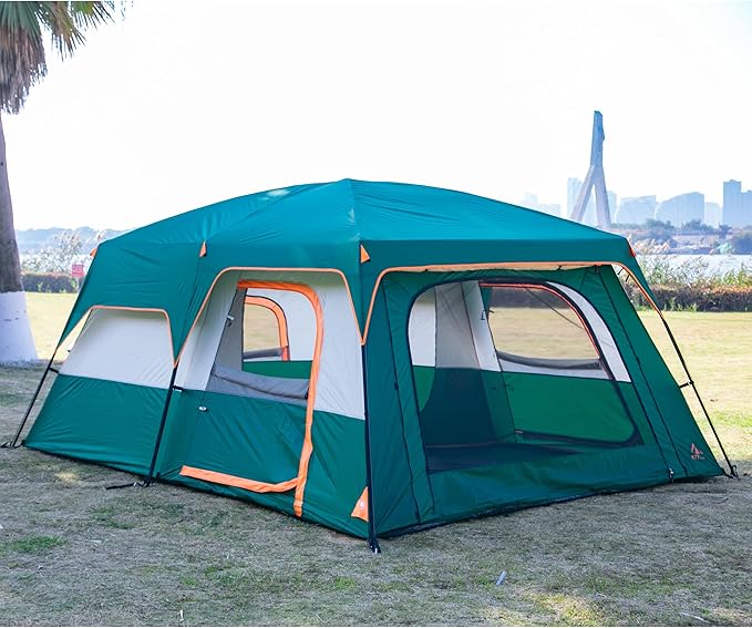 KTT Extra Large Tent 6-10-12-14 Person(Style-B),Family Cabin Tents,2 Rooms,3 Doors and 3 Windows with Mesh,Straight Wall,Waterproof,Double Layer,Big Tent for Outdoor,Picnic,Camping,Family Gathering