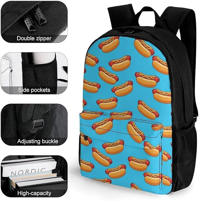 Men Women Polyester Hot Hotdogs Daypack Bookbag Big Capacity Shoulder Bag With Padded Straps for Climbing Travel Walking Cycling