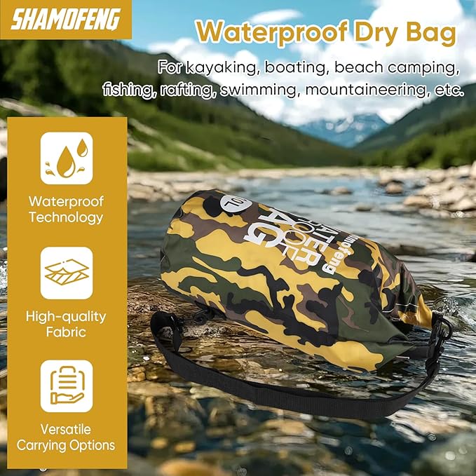 Waterproof Dry Bag 5L/10L/15L/20L/30L Roll Top Dry Storage Backpack with Phone Case, Collapsible Water Bottle, Sunglasses, Ear Band for Kayaking Boating Swimming Fishing Camping, Yellow 20L