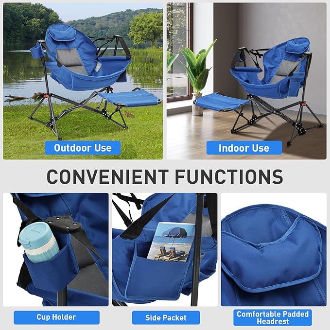 Ainfox Hammock Camping Chair with Footrest, Heavy Duty Foldable Portable Rocking Hammock Chairs Outside Swinging Camp with Cup Holder Pillow for Outdoor Patio Poolside Beige Blue