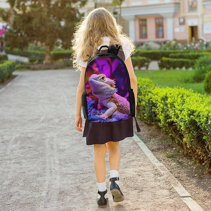 Daypack Backpack Multipurpose Anti-Theft Large Capacity Bookbag, Purple Art Cool Bearded Dragon Lizards Travel Hiking Camping Rucksack With Adjustable Shoulder Straps