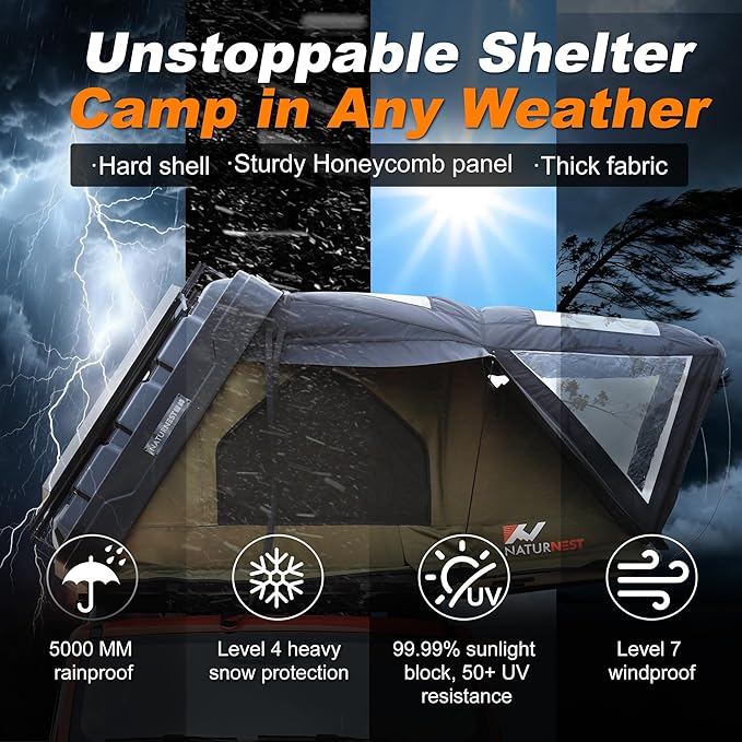 Naturnest Rooftop Tent Hard Shell with Annex Room, Easy Set Up Large Tent for 2-3 Person Camping, Waterproof 4 Season Tents for Truck, Jeep, SUV, Van, Trailer - Sirius 1 Plus with Annex Room