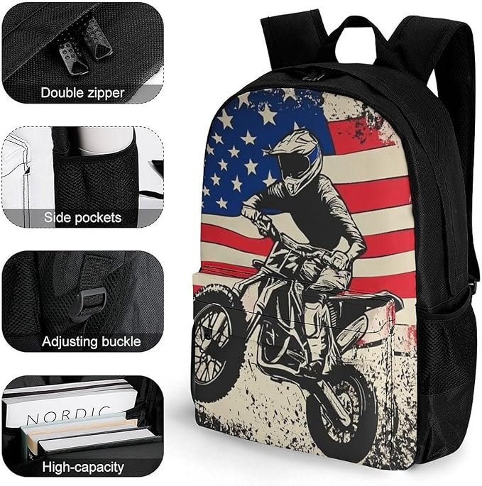 Lightweight Rucksack for Sports Travel Running, Big Capacity Multipurpose Anti-Theft Bookbag, Dirt Bike Motocross American Flag Travel and Sport Backpack Rucksack