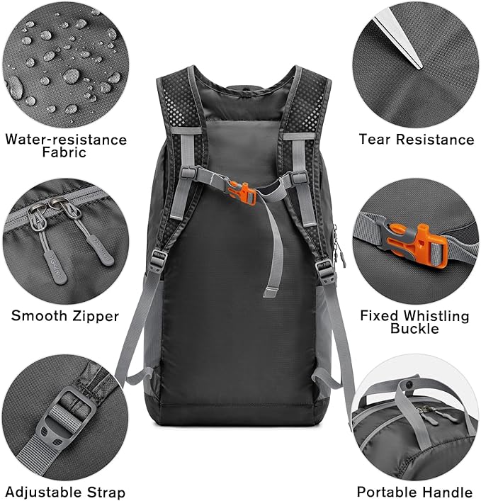 G4Free 25L Lightweight Hiking Backpack Packable Foldable Sport Travel Daypack Water Resistant for Women Men（Black）