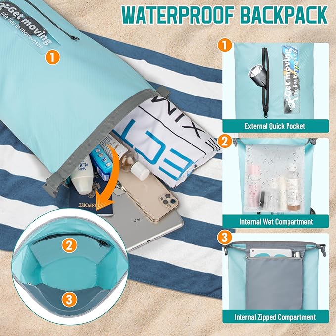 BKNOOU Dry Bag Waterproof for Women Men, 10L/20L Roll Top Lightweight Dry Storage Bag Backpack for Travel, Kayaking, Boating, Rafting, Camping, Hiking and Beach, with Phone Case (Light blue, 10L)