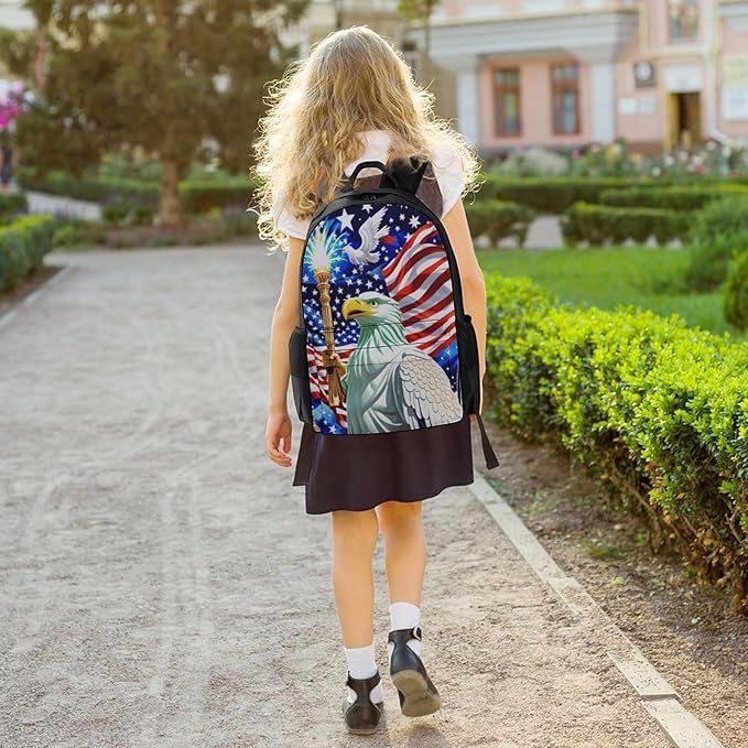 Rucksacks Polyester Anti-Theft Multipurpose Statue Of Liberty American Flag Eagle Patriotic Carry On Bag Large Capacity Gym Outdoor Hiking Backpack With Smooth Zippers