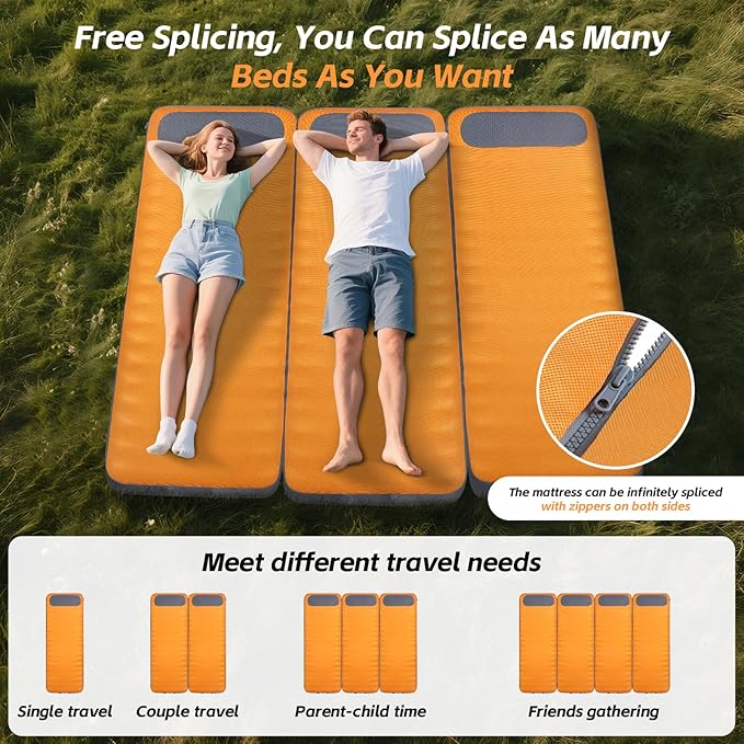 Sleeping Pad, 5.9" Thick Self Inflating Sleeping Pad with Electric Pump,4 Season Camping Mattress Pad with Built-in Pillow, Camping Essentials Gear for Hiking, Backpacking,Tent Use,Camping(Orange)