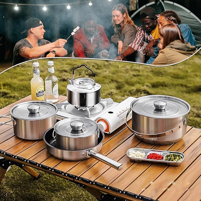 Jorunhe 7PCS Camping Cooking Set,Camping Cookware Mess Kit,304 Stainless Steel Camping Cookware with Travel Tote Bag for Camping Outdoor Cooking & Picnic,RVs