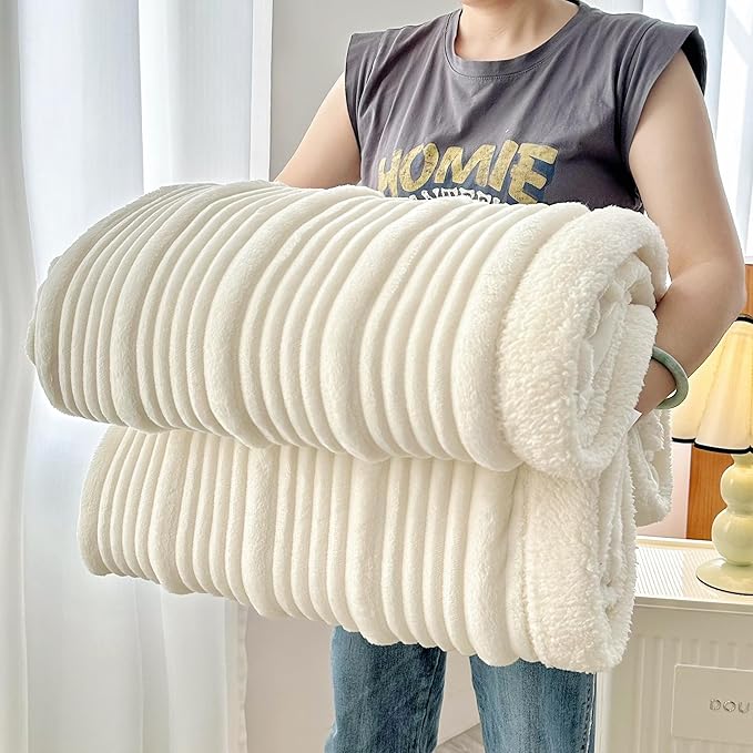 UKELER Striped Sherpa Throw Blankets 60 × 80 inch, 470 GSM Sherpa Fleece Blanket for All Season, Warm and Cozy Blanket for Couch Sofa Bed Office Camping, White