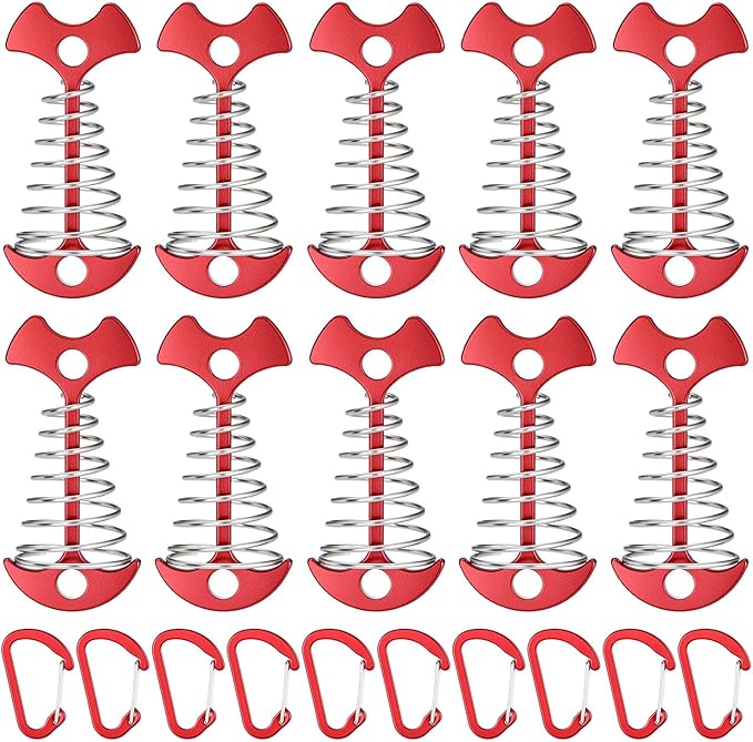 QWORK 10PCS Red Deck Anchor Pegs with Carabiners, Non-Slip Stable Anchors for Tents & Canopies on Wooden Decks