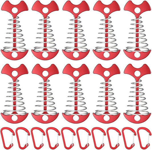 QWORK 10PCS Red Deck Anchor Pegs with Carabiners, Non-Slip Stable Anchors for Tents & Canopies on Wooden Decks