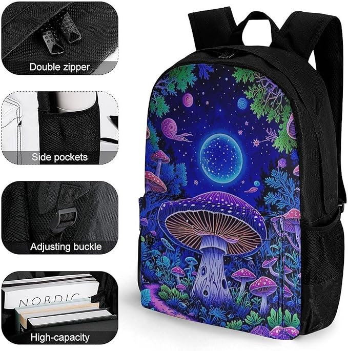Supdreamc Backpack Polyester Anti-Theft Multipurpose Magic Mushroom Neon Purple Pattern Bookbag Large Capacity Laptop Book Bag Rucksack With Side Pockets