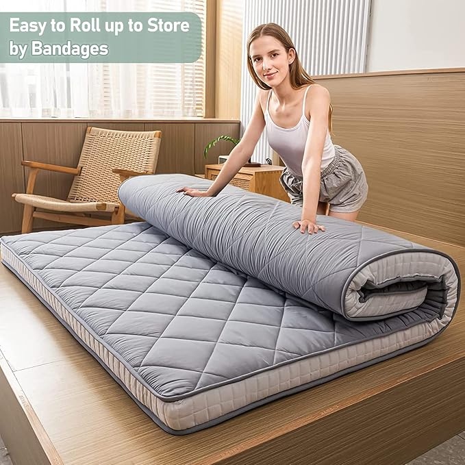 MAXYOYO Japanese Floor Futon Mattress Full Size, Floor Bed for Adults, Roll Up Folding Floor Mattress, Diamond Patterned Japanese Floor Bed