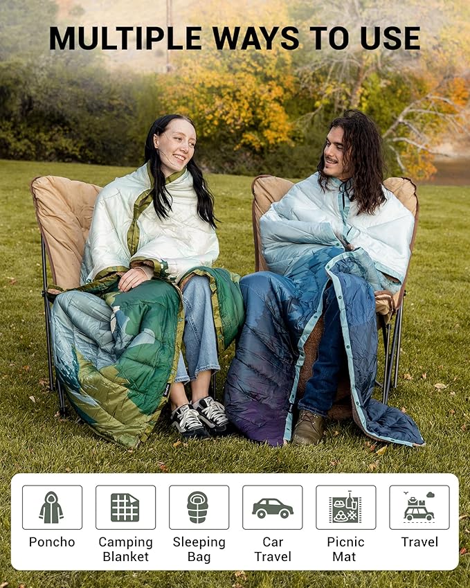 KingCamp Large Camping Blanket with Sherpa Lining, Packable Down Alternative Puffy Printed Wearable Blanket with Snap Buttons, Warm Weatherproof Quilt for Outdoor Travel (79" L x 57" W, Green)