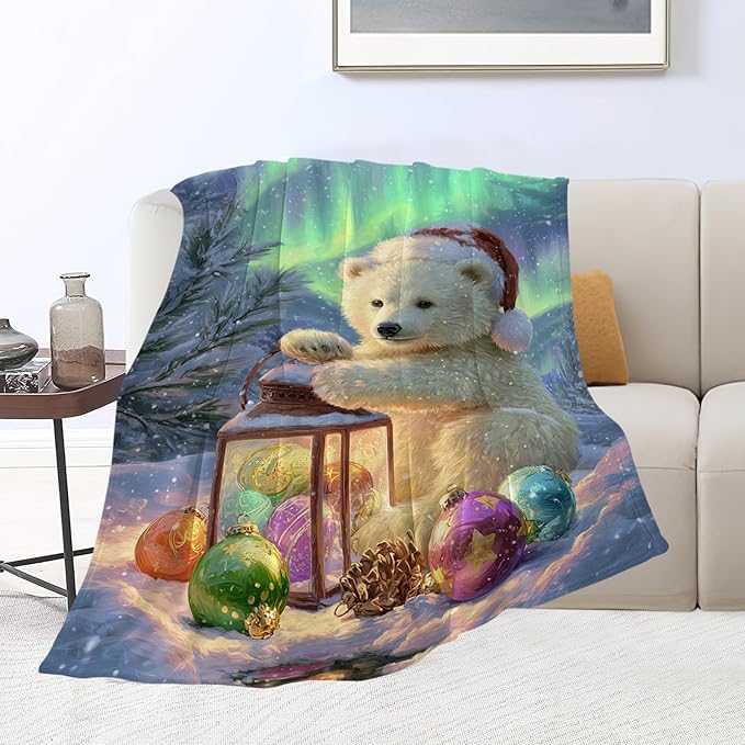 Christmas Polar Bear Blanket Winter Aurora Night Animal Throw Blankets Gifts for Girls Boys Kids White Bear Lover Soft Cozy Fleece Plush for Couch Sofa Bed 60"x50"