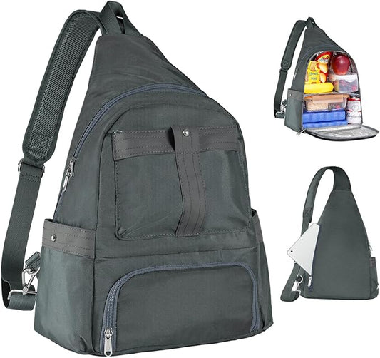 Crossbody Lunch Backpack, Double Deck Insulated Lunch Box for Men Women Adult, Leakproof Lunchbox with Side Pokets for iPad, Large Cooler Bag for Work Office Hiking Beach Picnic, Grey