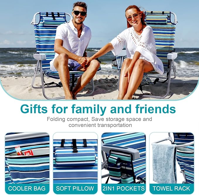 Beach Chairs for Adults Heavy Duty, Compact Portable Lay Flat Folding Chair with Backpack Straps and Large Cooler Pouch, Support to 350LBS (Stripes_Blue&Cyan)