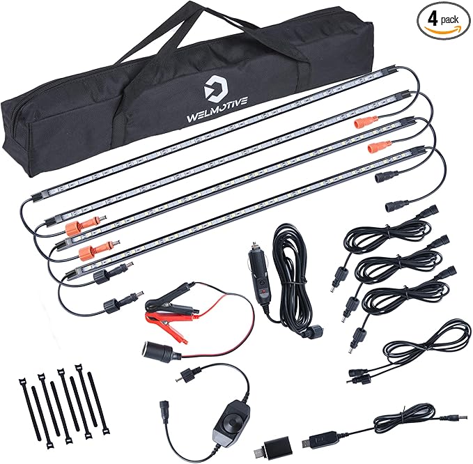 12V LED Light Bar Kit, 2 Bars White & 2 Bars Amber Adjustable Brightness RV Camping Lights - Waterproof IP67, Magnetic & Velcro Mount, Portable Lighting for Tent, Car, Trailer, Boat, Truck, Off-Road