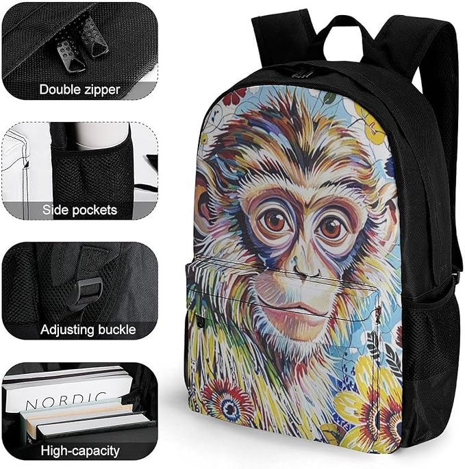 Supdreamc Men Women Lightweight Colorful Animal Monkey Flower Daypack Bookbag Big Capacity Carry On Bag With Side Pockets for Camping Travel Bicycle