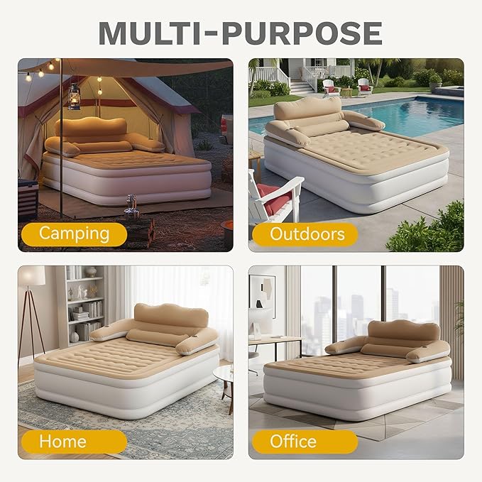 DWVO Queen Size Air Mattress with Headboard & Cup Holders, Blow Up Bed with Built-in Pump & Carry Bag, Fast Inflation Air Bed for Home, Guests & Camping, 60" x 80" x 36", Brown