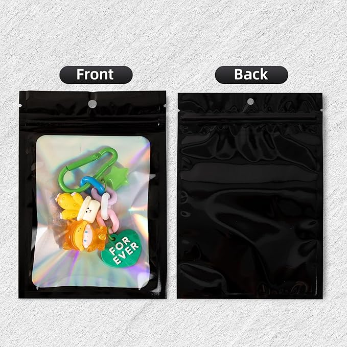 50Pcs Black Holographic Mylar Bags, 6.3x9.4 inch Resealable Foil Zipper Pouches for Gummies, Party Favors, Small Business Packaging